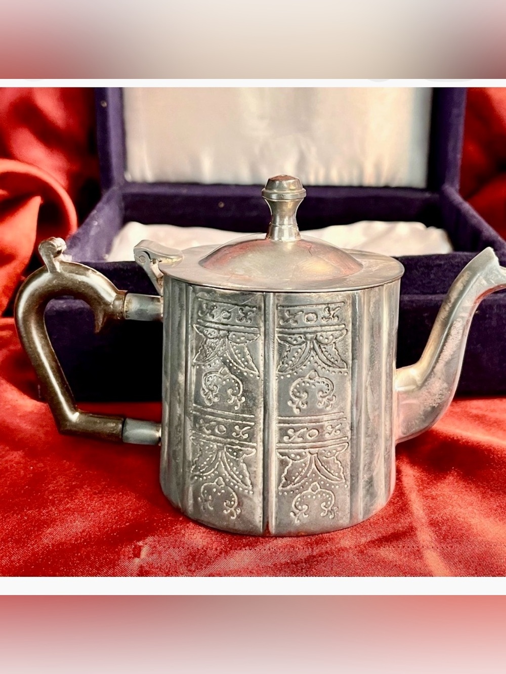 VTG International Silver Co Paul Revere Miniature Teapot Boxed Engraved Plate